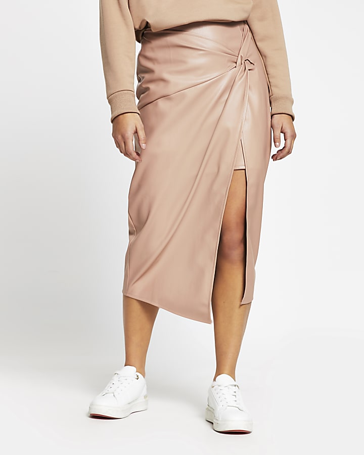 Petite Pink Faux Leather Wrap Midi Skirt