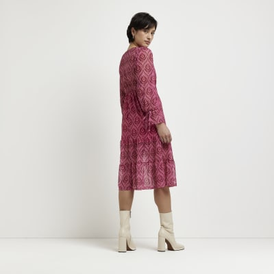 Petite pink floral long sleeve midi dress