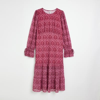 Petite pink floral long sleeve midi dress