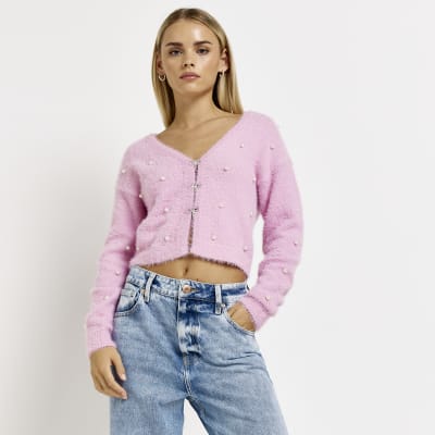Petite pink fluffy cardigan River Island