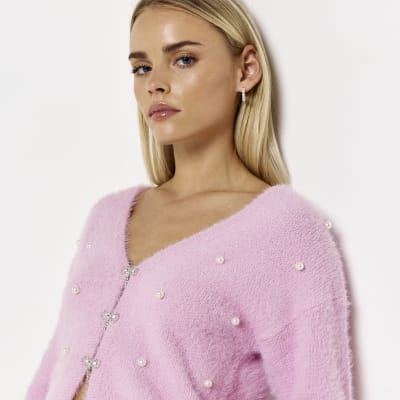 Petite pink fluffy cardigan River Island
