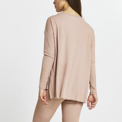 Petite pink keyhole detail long sleeve top