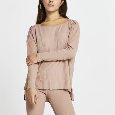 Petite pink keyhole detail long sleeve top