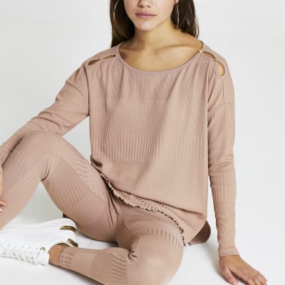 Petite pink keyhole detail long sleeve top
