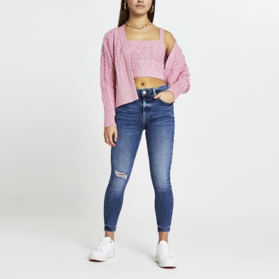 Petite Pink knitted cardigan and bralet set