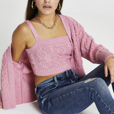 Petite Pink knitted cardigan and bralet set