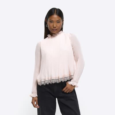 Petite pink lace trim long sleeve top | River Island