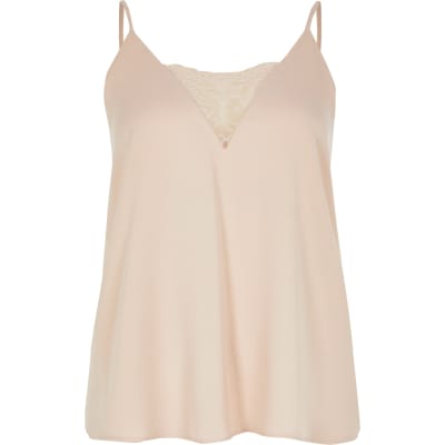 Petite pink lace V neck cami top | River Island