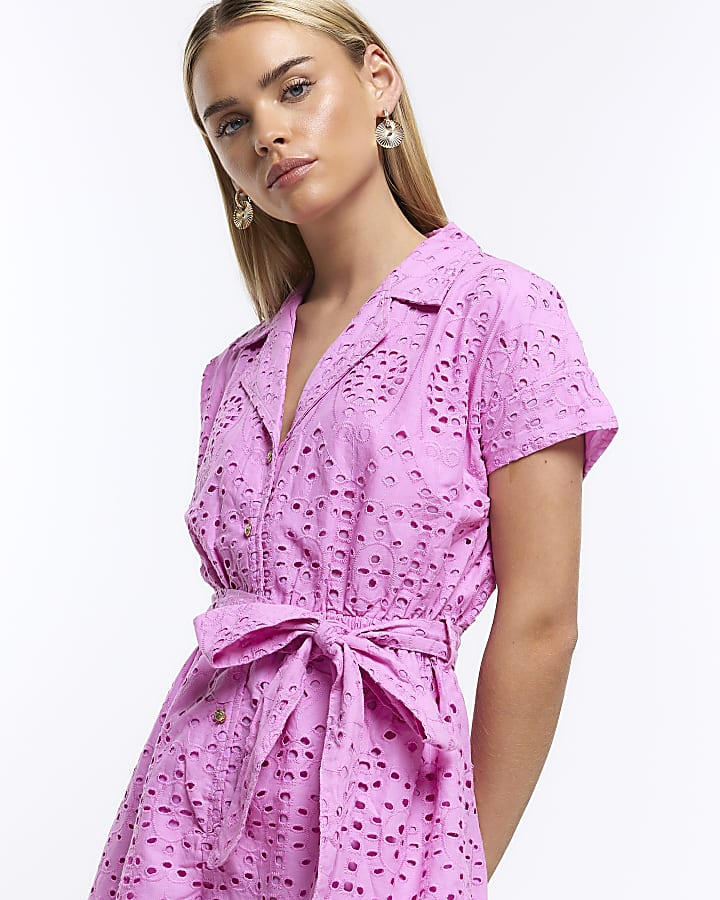 Petite pink linen broderie playsuit
