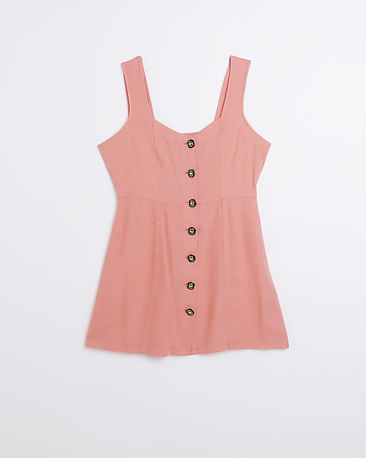 Petite pink linen button mini dress