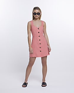 Petite pink linen button mini dress