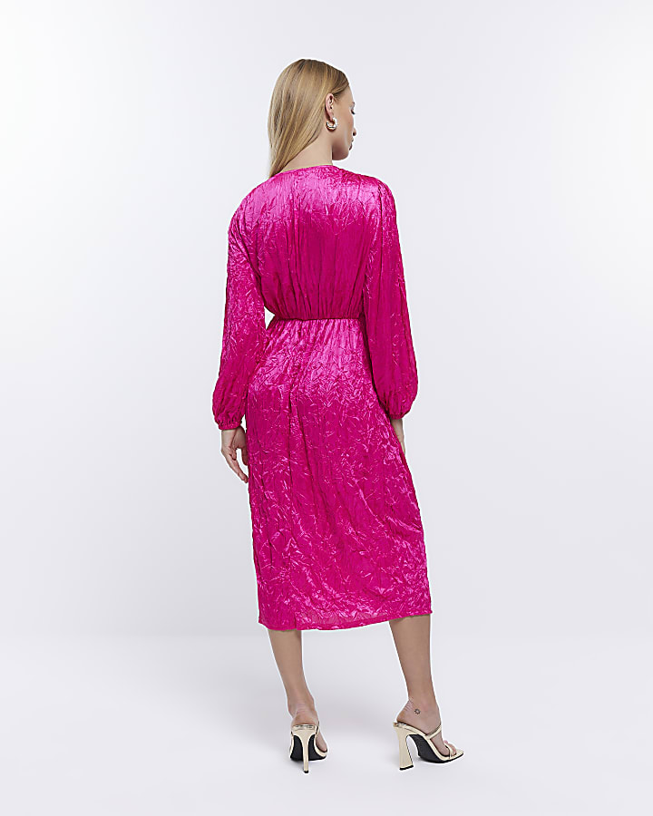 Petite pink long sleeve wrap midi dress