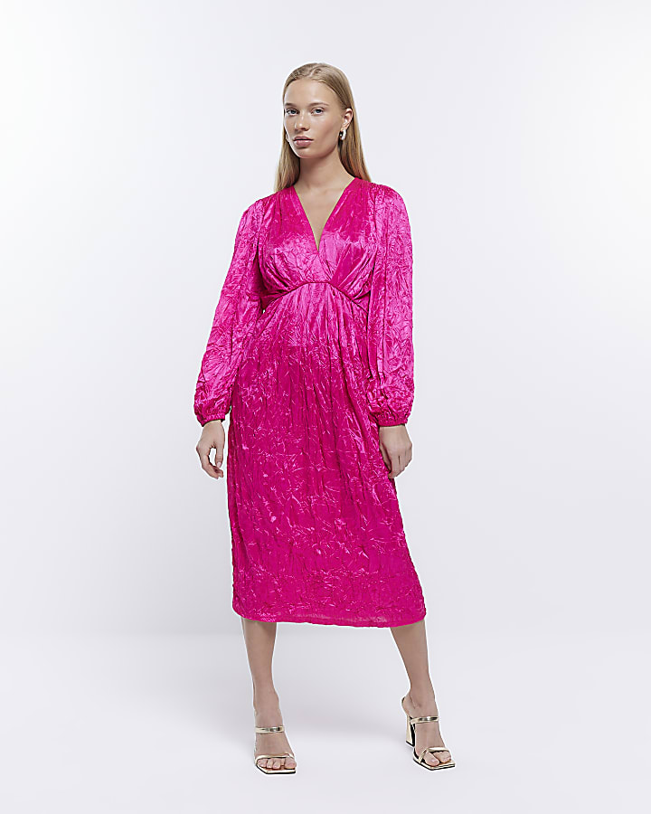 Petite pink long sleeve wrap midi dress