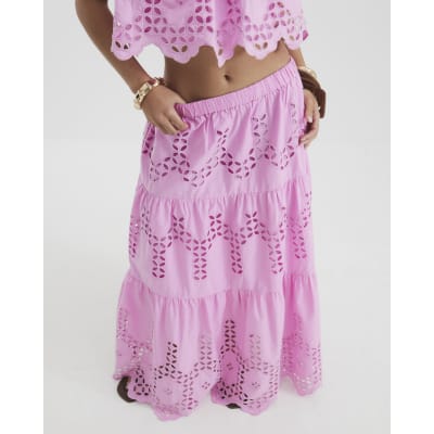 Petite Pink Maxi Embroidered Cutwork Skirt