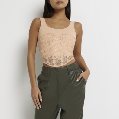 Petite pink mesh corset crop top
