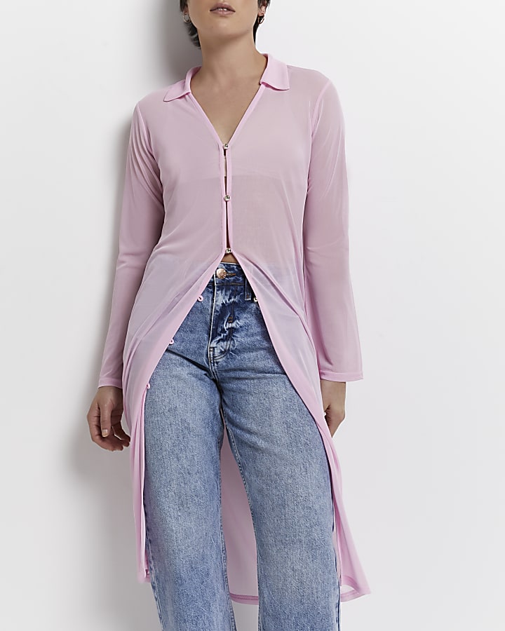 Petite pink mesh longline shirt