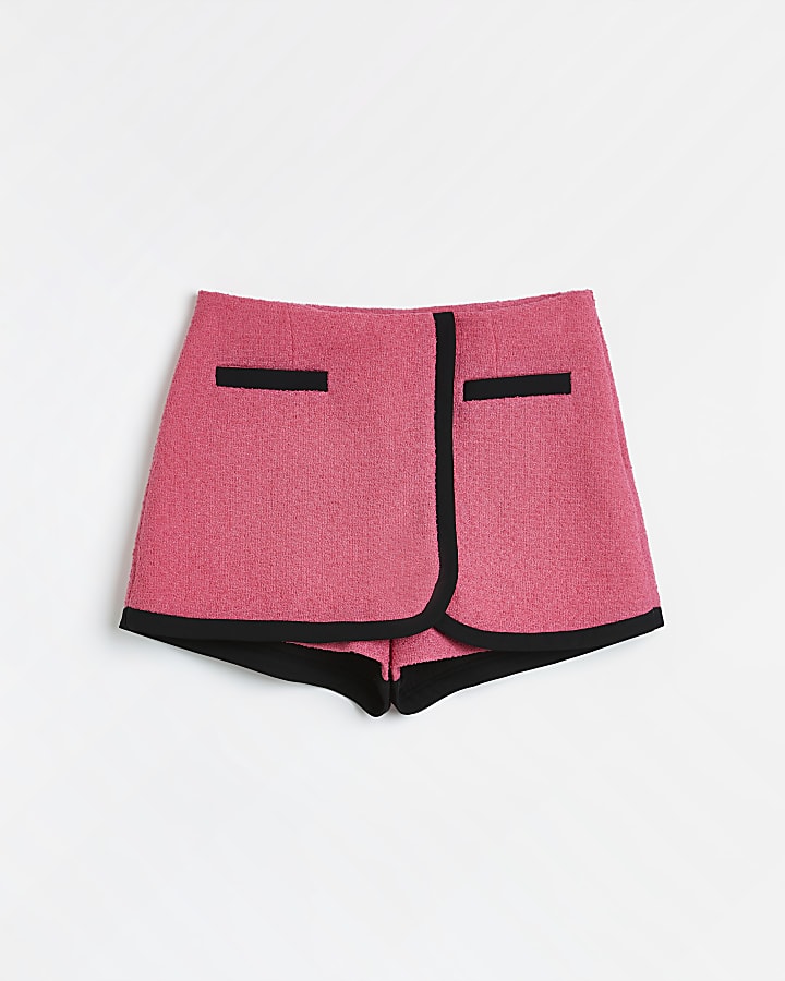Petite pink mid rise boucle mini skirt