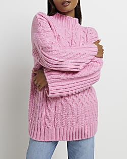Petite pink oversized cable jumper
