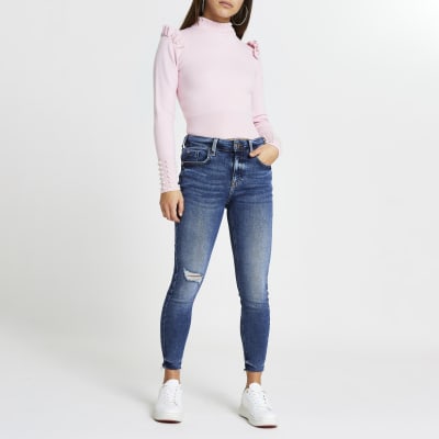 Petite pink pearl trim jumper