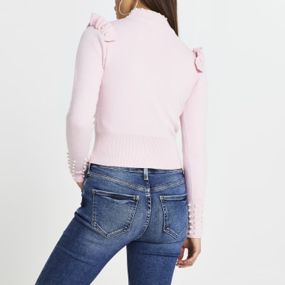 Petite pink pearl trim jumper