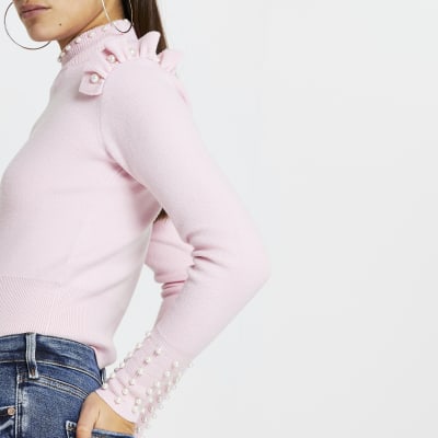 Petite pink pearl trim jumper