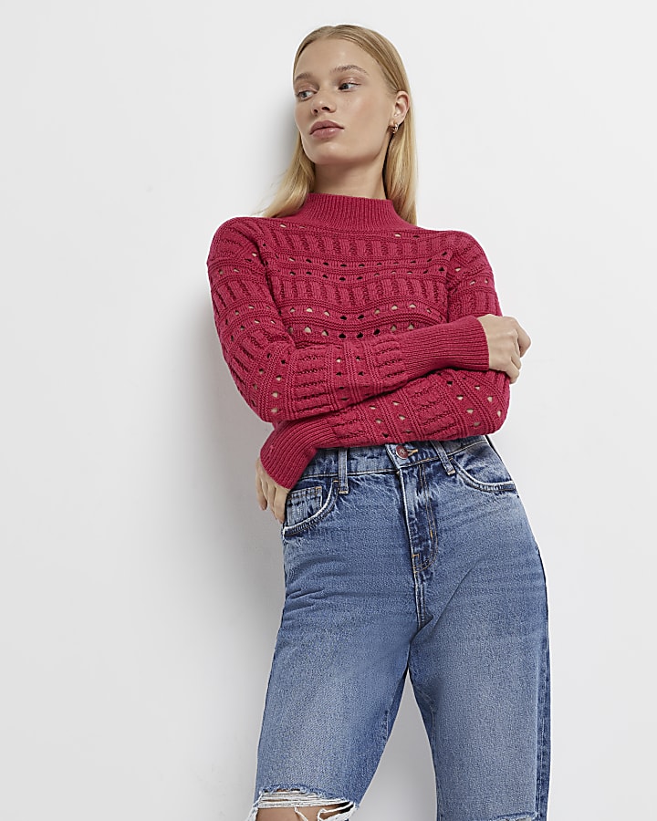 Petite pink pointelle knit jumper