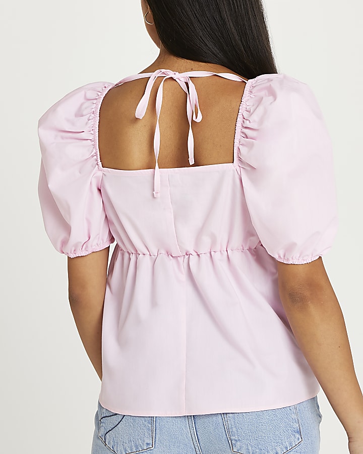 Petite pink puff sleeve shirred top