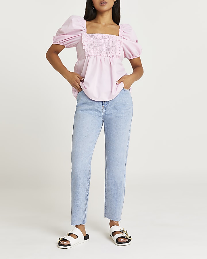 Petite pink puff sleeve shirred top