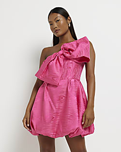 Petite pink satin one shoulder bow mini dress