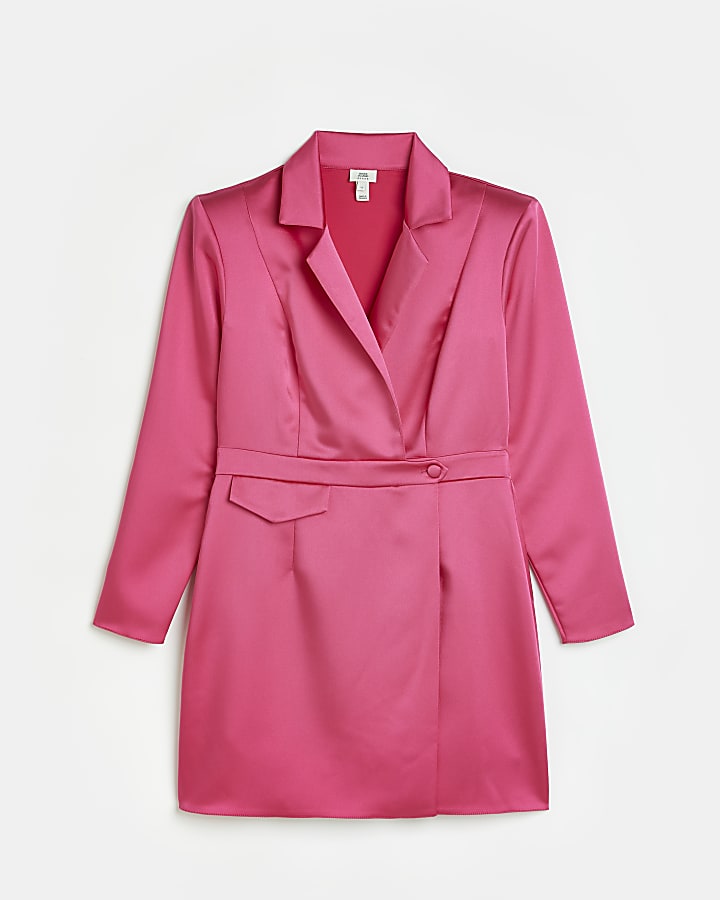 Petite pink satin wrap blazer mini dress