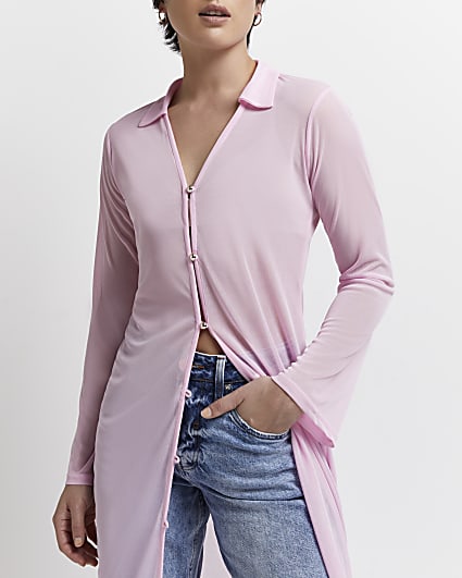 Petite pink sheer longline shirt