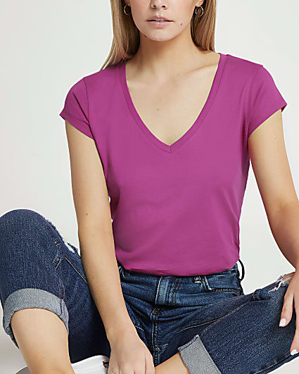 Petite pink short sleeve v-neck t-shirt