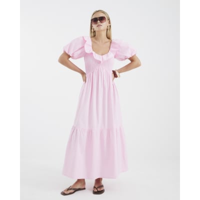Petite Pink V Neck Frill Midi Dress