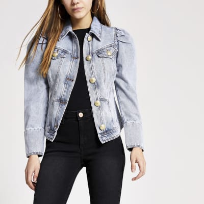 Petite puff sleeve mid blue denim jacket | River Island