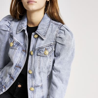 river island mid blue puff shoulder denim jacket