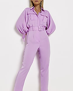 Petite purple belted jumpsuit