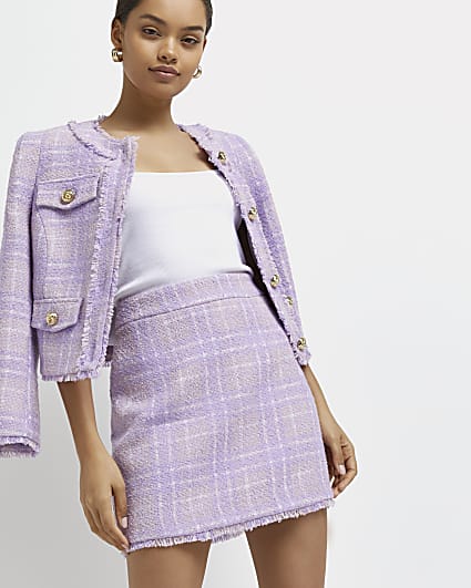 Petite purple check boucle mini skirt