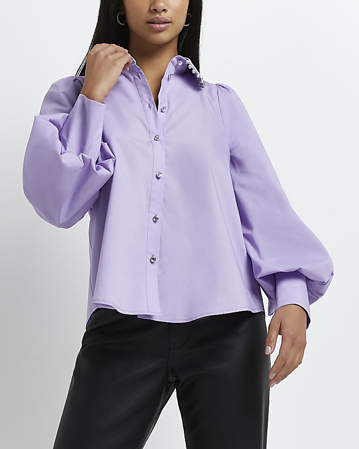 Petite purple diamante trim collar shirt