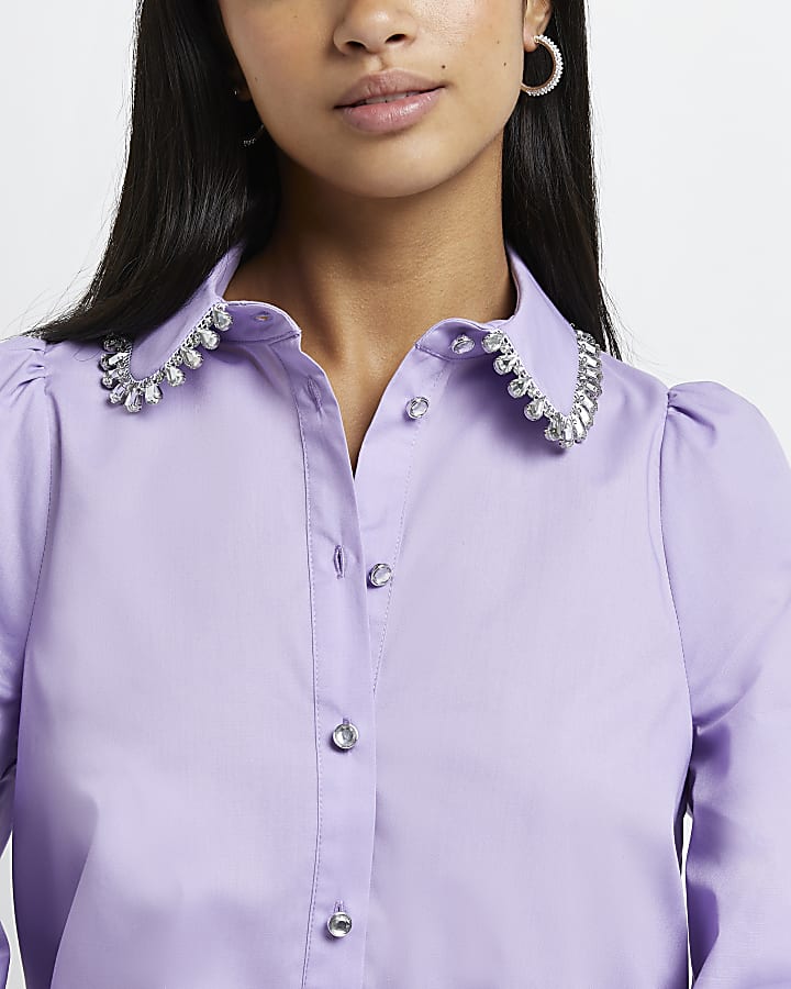 Petite purple diamante trim collar shirt