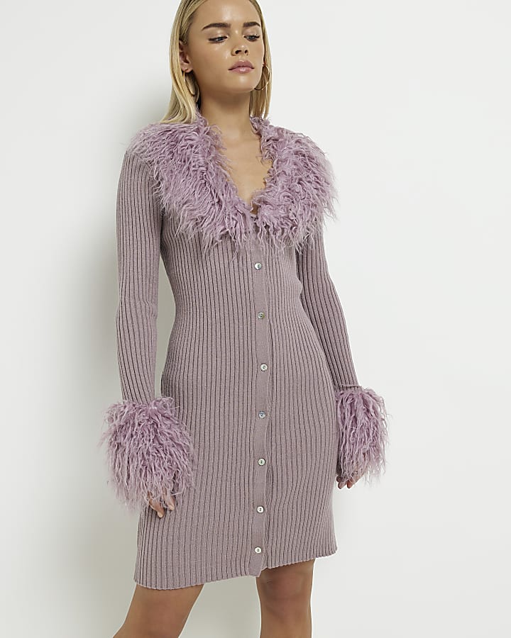 Petite purple faux fur bodycon mini dress