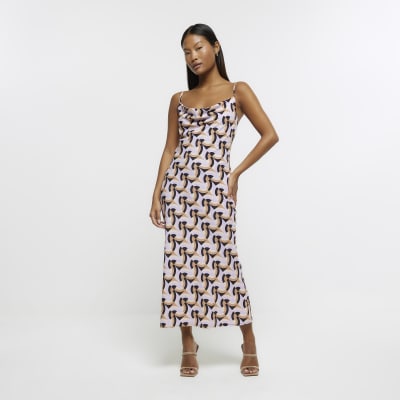 Petite purple geometric bow slip midi dress