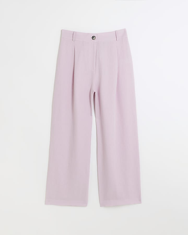 Petite purple linen blend wide leg trousers
