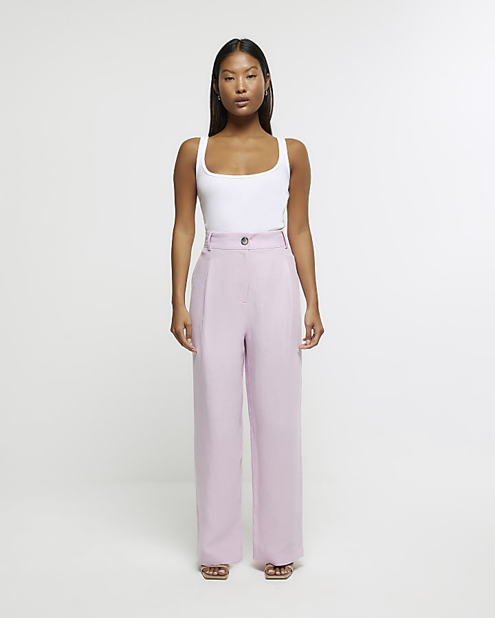 Petite purple linen blend wide leg trousers