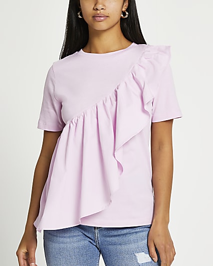 Petite purple poplin frill front t-shirt