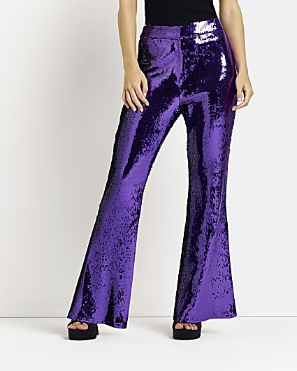 Petite purple sequin flared trousers