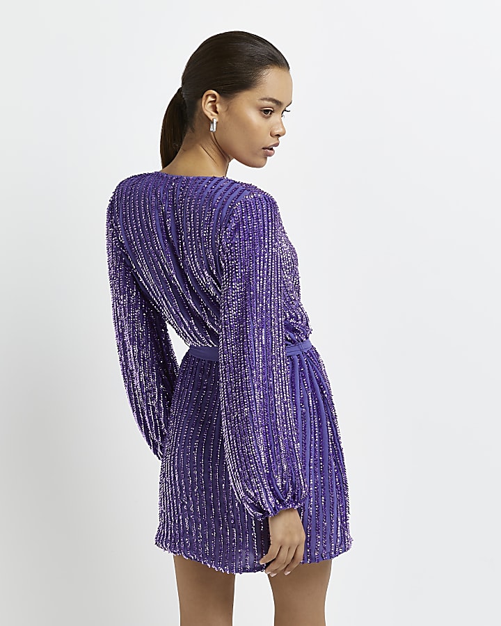 Petite purple sequin wrap dress
