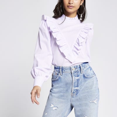 Petite purple stripe frill front poplin top