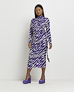 Petite purple stripe wrap bodycon midi dress