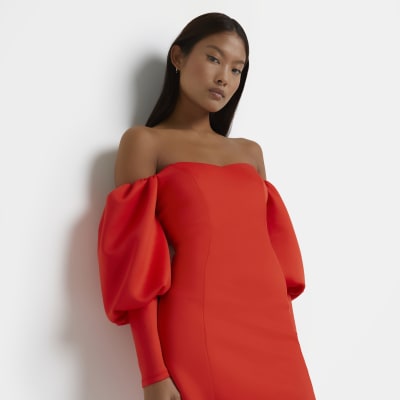 Petite red bardot mini bodycon dress