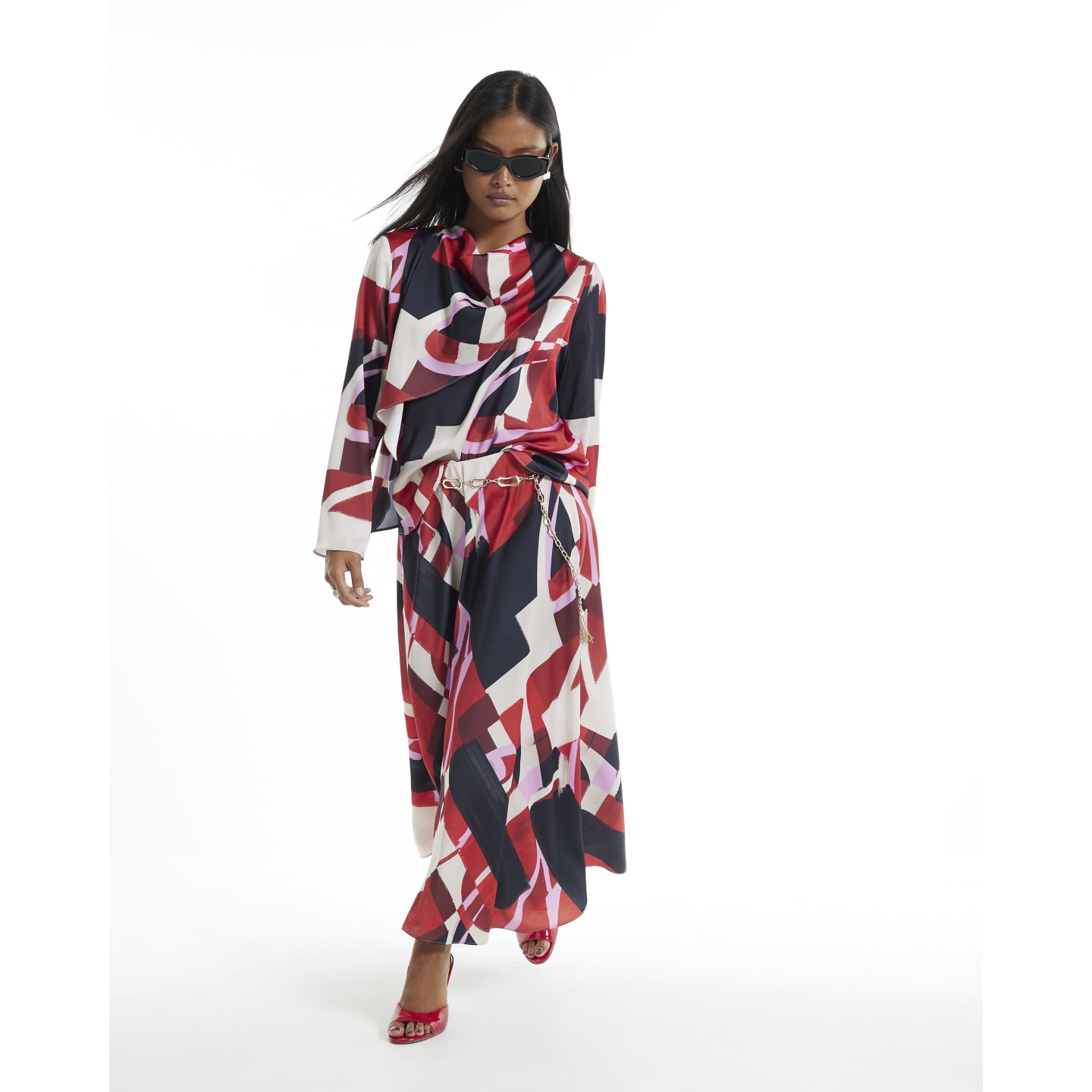 River Island Petite Red Colour Block Asymmetric Midi Skirt — photo 1 of 1